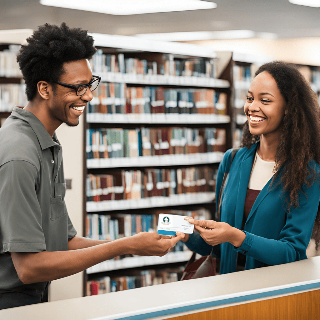 A person being handed their library card.